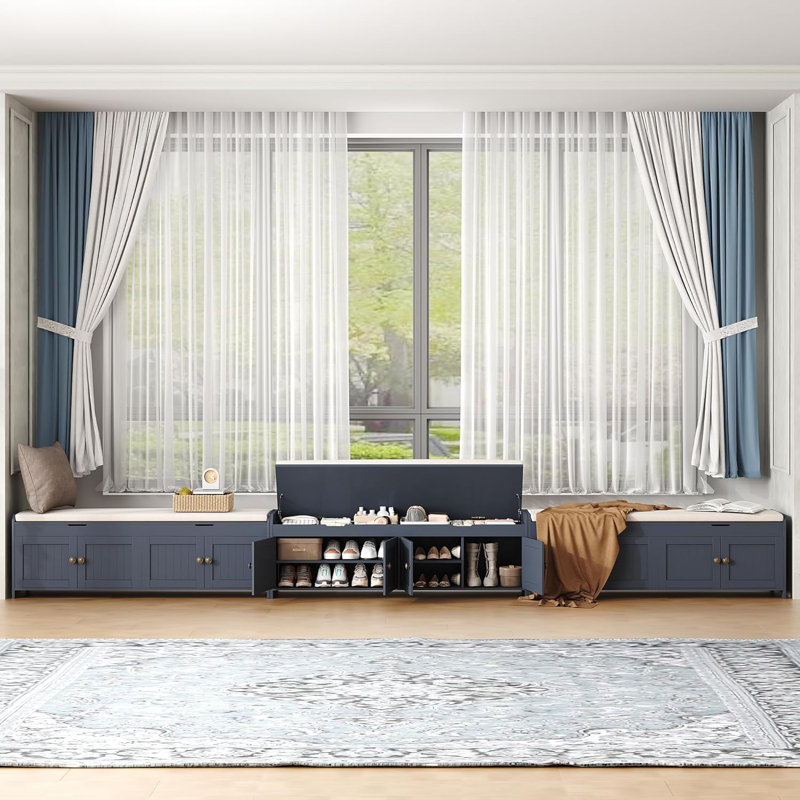 54.4" Shoe Bench with Lift Top Storage,Entryway Storage Bench with Cushioned Seat and 4 Doors, Blue