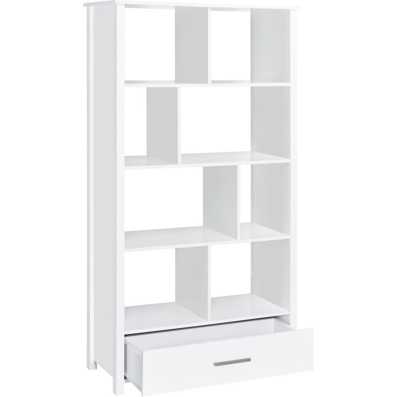 Bibliothèque blanche à 4 tablettes avec plateau supérieur et inférieur en verre incurvé, convenant aux espaces de vie principaux comme paravent, compartiment de bibliothèque de l 35,5 po x P 15,5 po H 68 po