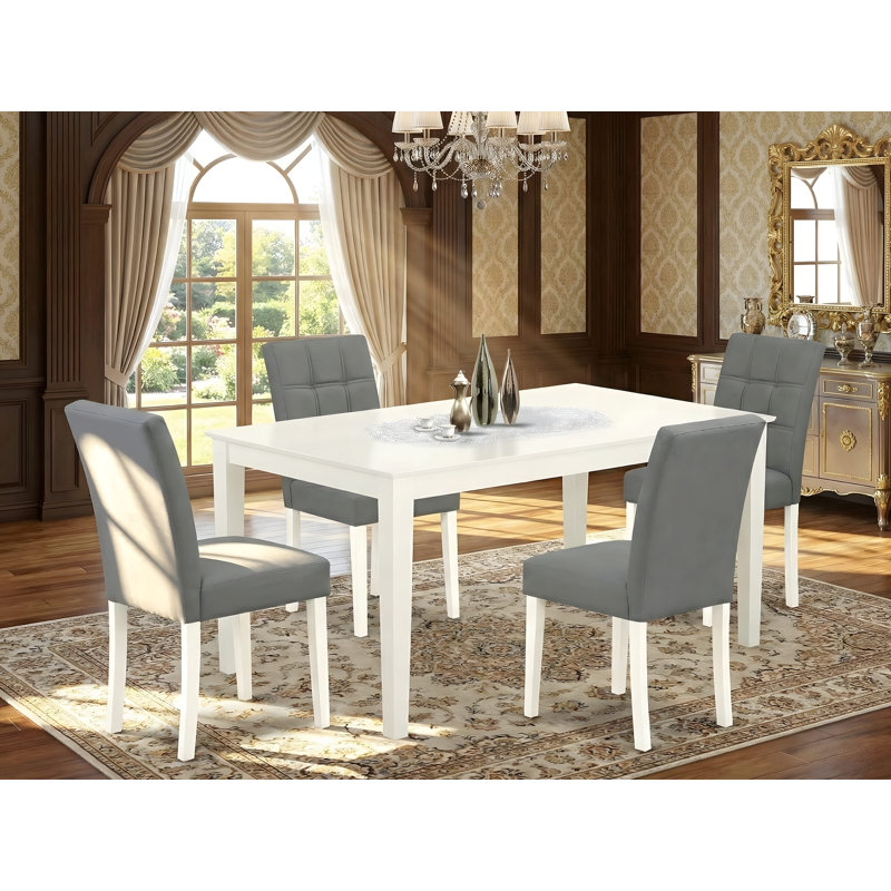 5-Piece Linen White Finish Solid Wood Top - Rectangular Dining Room Set - Seats 4, Gray, White