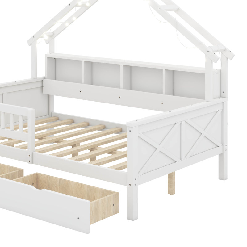 Lits plateforme pleine grandeur avec DEL, tablettes de rangement, tiroirs et garde-corps, Blanc