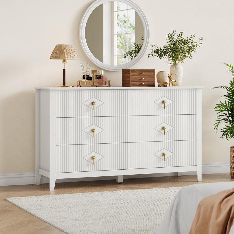 Commode pour chambre à coucher avec 6 tiroirs, commode moderne de 48 po avec poignée en métal, meuble télé, Blanc