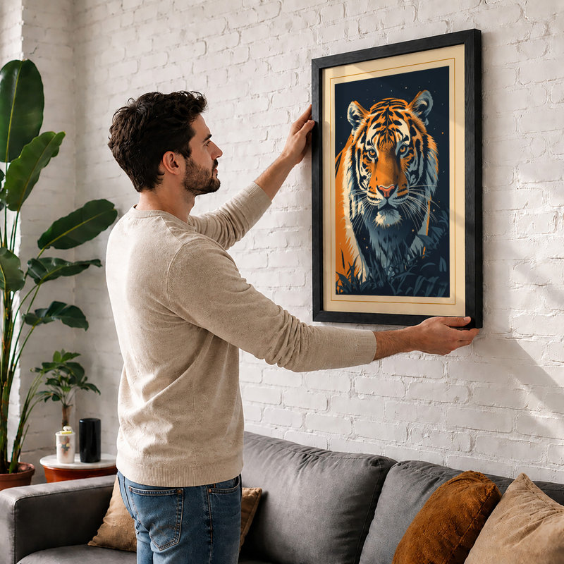 Tiger in Night Japandi - Framed Print, Oak, A3 - 42.0 x 29.7 cm