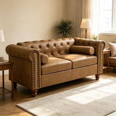 Canapé Chesterfield classique avec garniture cloutée pour salon, tissu technique brun 2 places