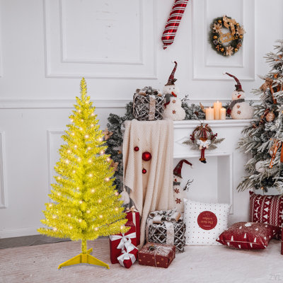 Arbre de Noël doré 4 pi avec 50 lumières UL et 122 pointes en PVC - Arbre de Noël artificiel pré-éclairé pour la décoration intérieure, un petit espace, une table, un appartement ou un bureau