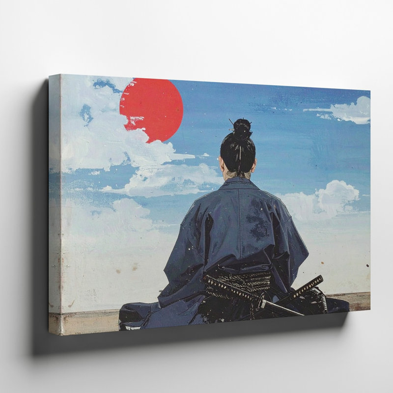 Toile, art dramatique et contemplatif représentant un Samurai solitaire assis sur le sol, prêt à être accroché