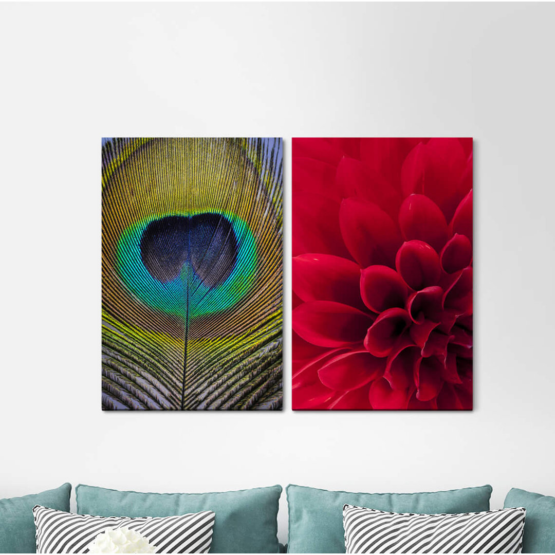 2-tlg. Leinwandbilder-Set - Grafikdruck „Dahlia Pfaufeder Colourful Feather Red Flower Summer”