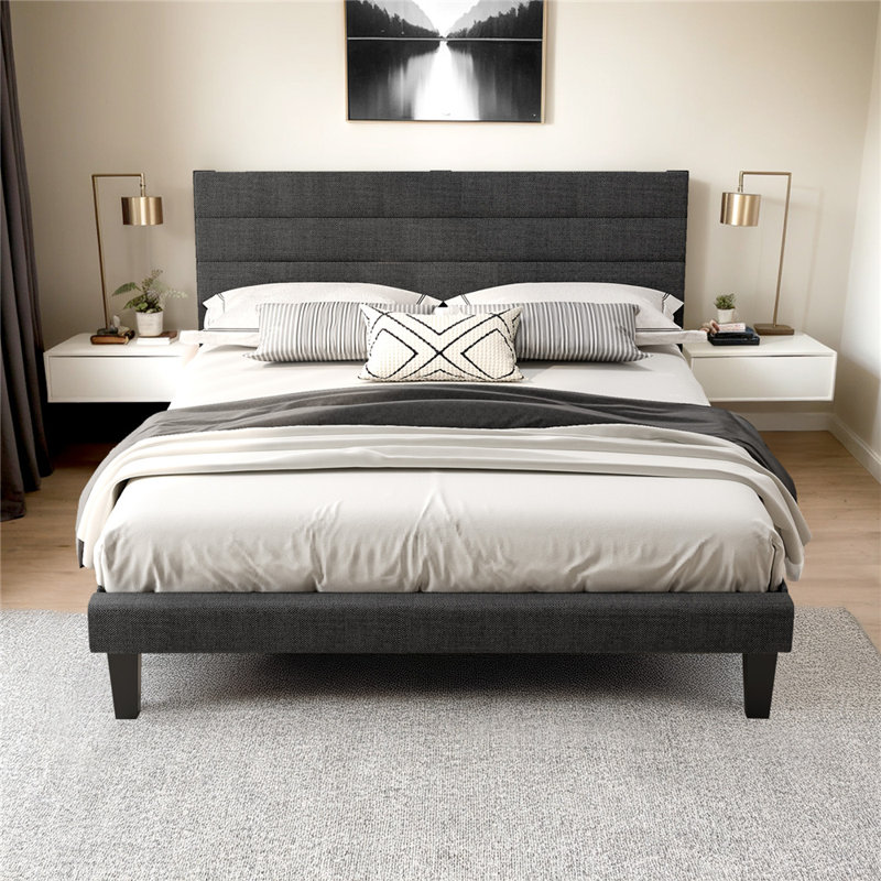 Bed Frame With Boucle Upholstered Headboard, Platform Bed, Full
