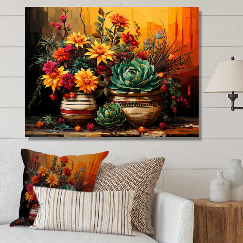Boho, poterie florale mexicaine, Toile tendue, H 34 po x l 44 po x P 1,5 po