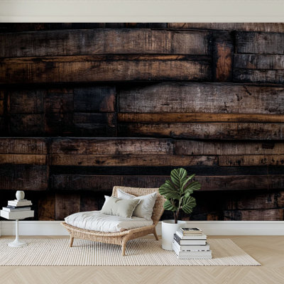 Peel and Stick Wallpaper 96" W x 69" H Modern Self Adhesive Wall Mural for Bedroom Bourbon Barrel Staves Wall Texture Distillery