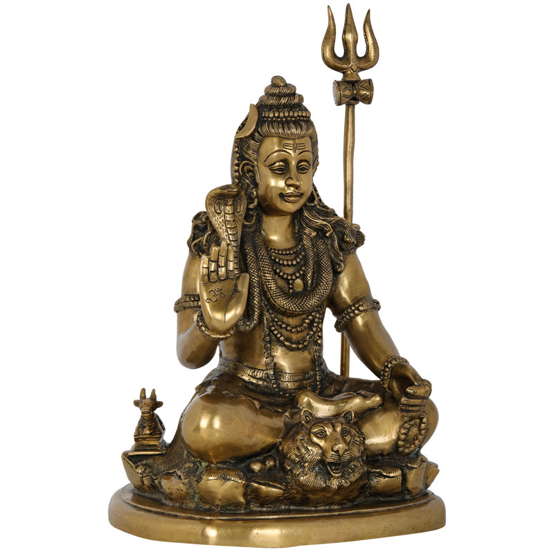 Statue de Shiva en bénédiction assise avec Nandi et long trident en laiton