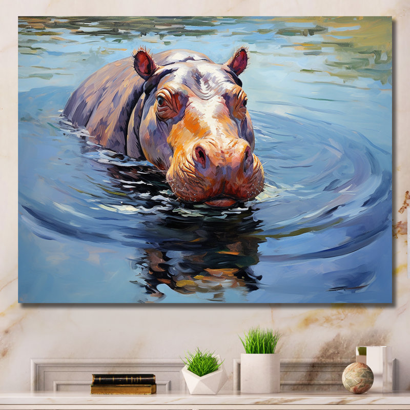 «Curious water hippo - Hippopotamus», art mural, Toile tendue, H 12 po x l 20 po x P 1 po