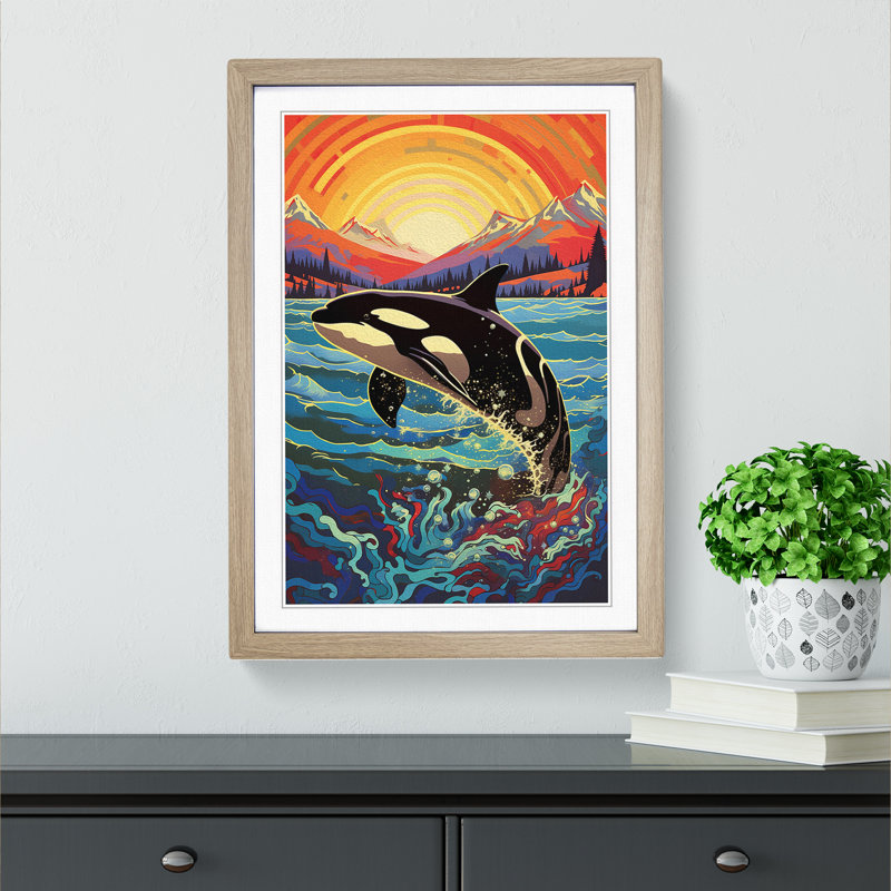 Orca Whale 1 Piece Single Picture Frame Wall Art, 34cm H x 25cm W x 2cm D, Oak