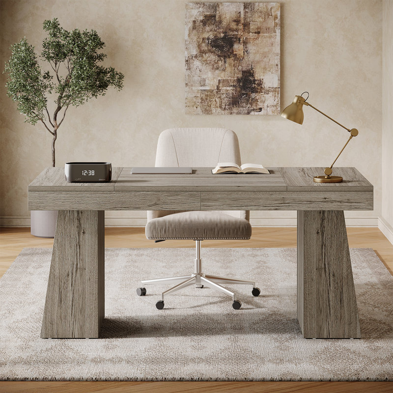 55" Home Office Desk with Double Pedestal, Simple Executive Desk, Light Gray