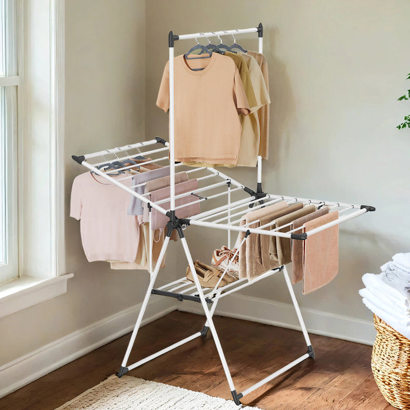 Clothes Drying Rack, Foldable 2-Level Laundry Drying Rack, Free-Standing Airer, Tall Hanging Bar, 2 Height-Adjustable Wings, 24 Drying Rails