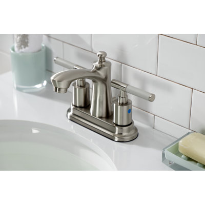 Kingston Brass Kaiser Two-Handle 3-Hole Deck Mount 4" Centerset Bathroom Faucet with Plastic Pop-Up