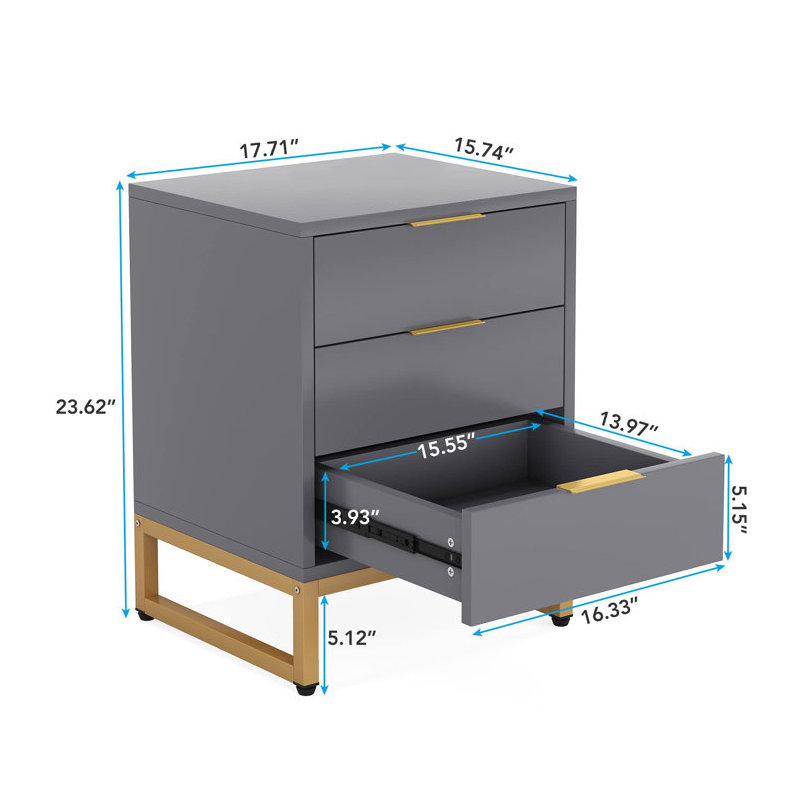 Carncastle 44.9cm W Manufactured Wood Bedside Table, Grey/Gold