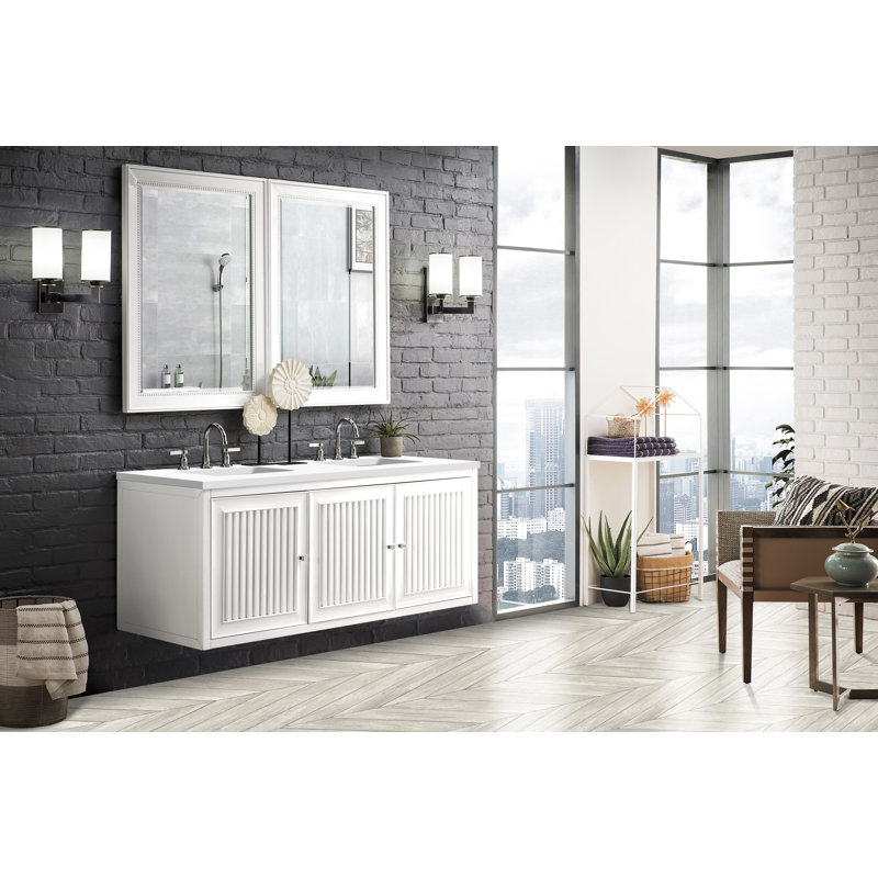 Meuble-lavabo double l 60 po Athens, Acacia Mid-Century, Blanc Zeus, Trou unique