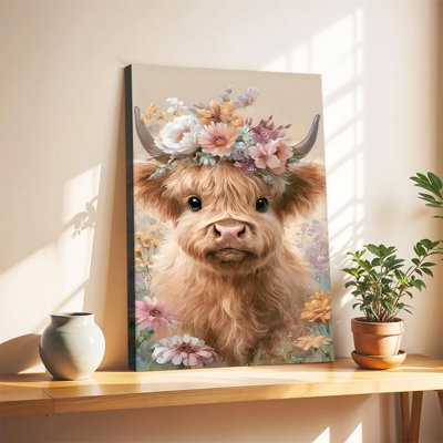Floral Crown Highland Cow Calf Canvas Wall Art Framed Ready to Hang Living Room Bedroom Home Decor