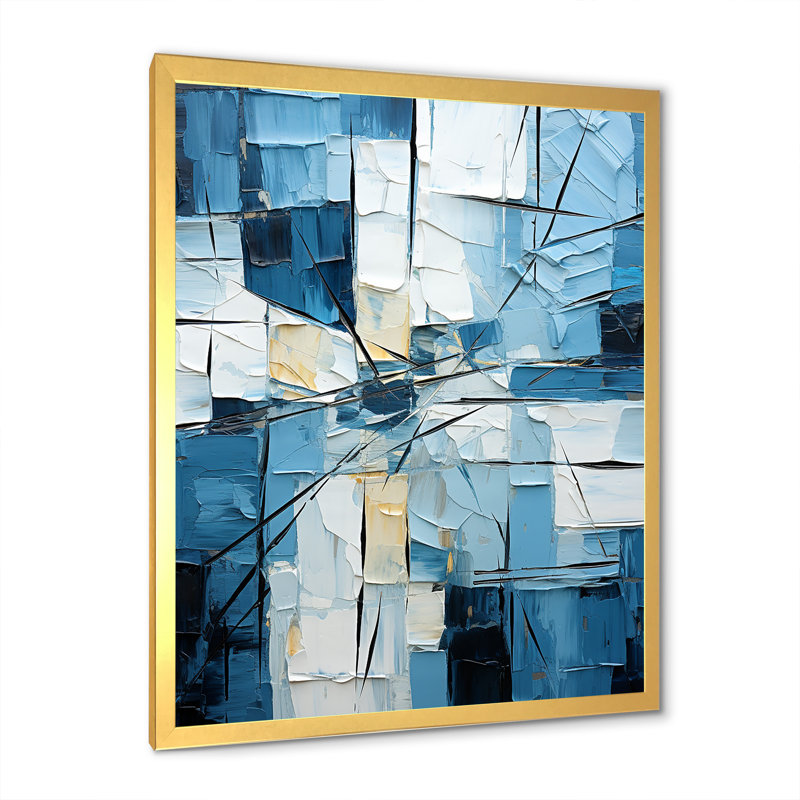 Cubisme bleu et blanc - Formes abstraites, impressions sur toile, H 44 po x l 34 po x P 1,5 po, Encadrement doré
