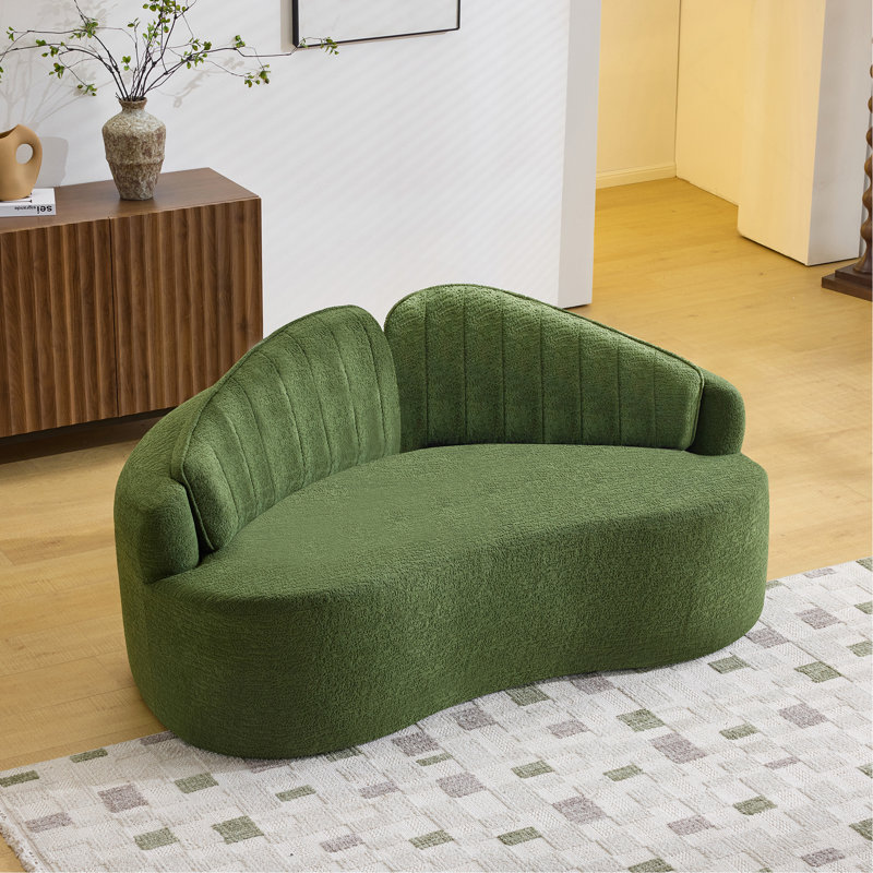 Canapé courbé à deux places entièrement comprimé, assise longue durée sans effondrement, dossier amovible, tissu chenille vert, style simple et rétro, convient aux petits espaces et aux appartements