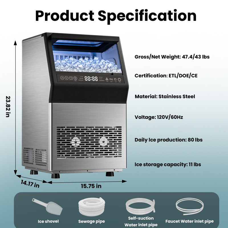 Machine à glaçons compacte autoportante et à double entrée d'eau en acier inoxydable de 14,17 po IUDommy