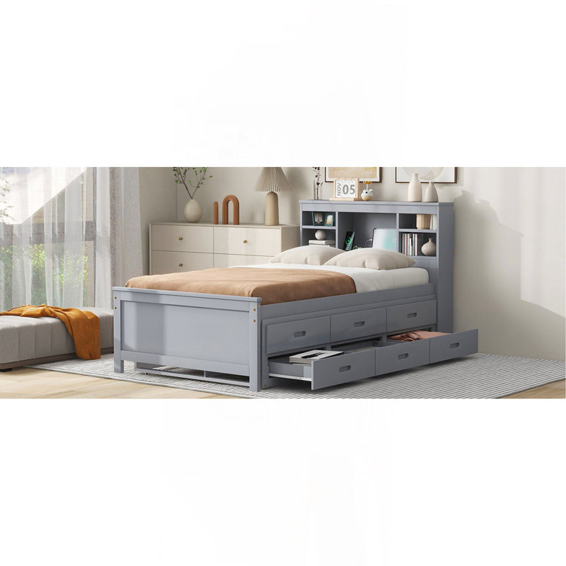 Twin Size Platform Bed With Storage Headboard, Gray, Twin