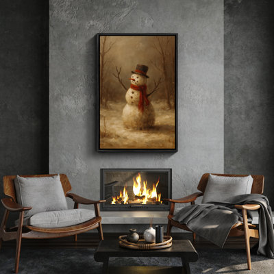 «Snowman» classique avec chapeau haut de forme et écharpe rouge dans les bois d'hiver, reproduction d'art encadrée