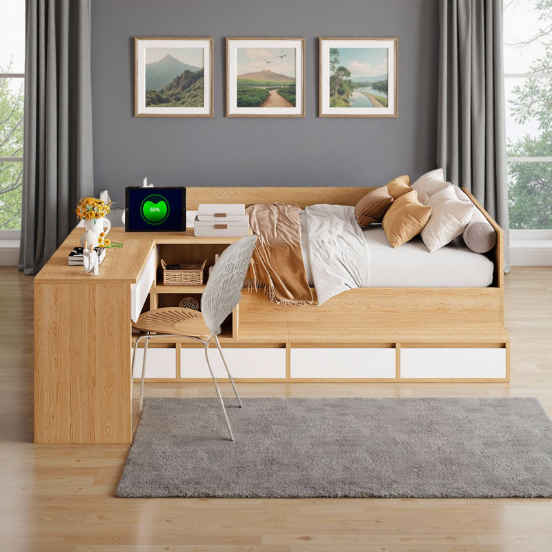 Lit plateforme double en bois avec 6 tiroirs et bureau de coiffeuse, lit de rangement multifonctionnel avec tablettes