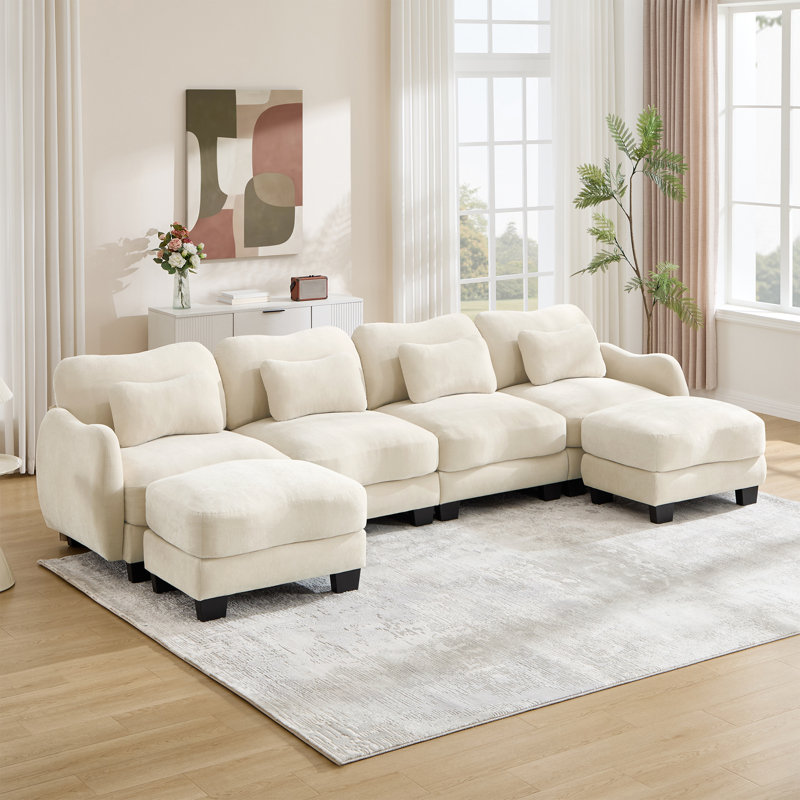Ensemble de canapé modulaire et repose-pieds en U à 3 places Nimbus, Beige Fabric, 34.6" H x 101.1" W x 58.2" D