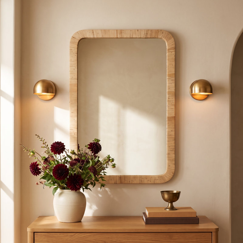Breesport Rectangle Rattan Bathroom Wall Mirror, 35.75" x 24", Natural
