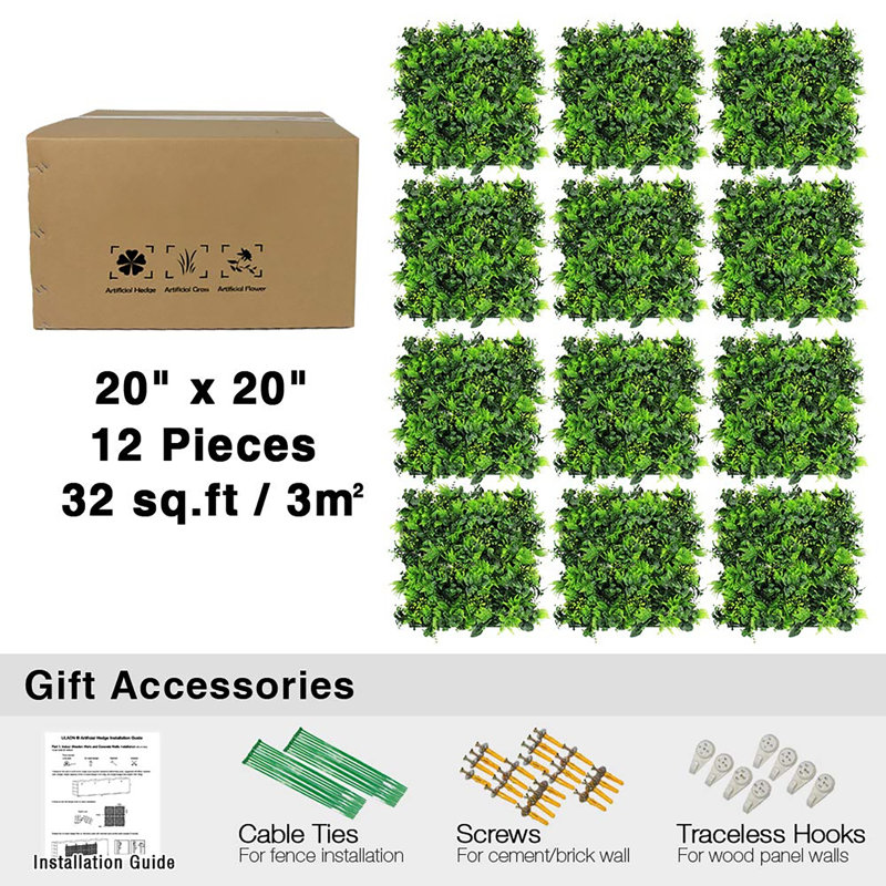 Panneaux muraux en gazon artificiel, 12 pièces de tapis muraux 20 po x 20 po pour fond de verdure