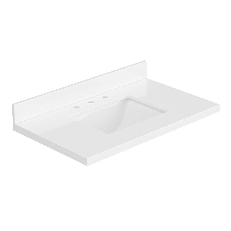 Comptoir de meuble-lavabo en quartz blanc pur 37 po Ariel avec rebord à onglet épais de 1,5 po avec lavabo simple rectangulaire à gauche et dosseret inclus