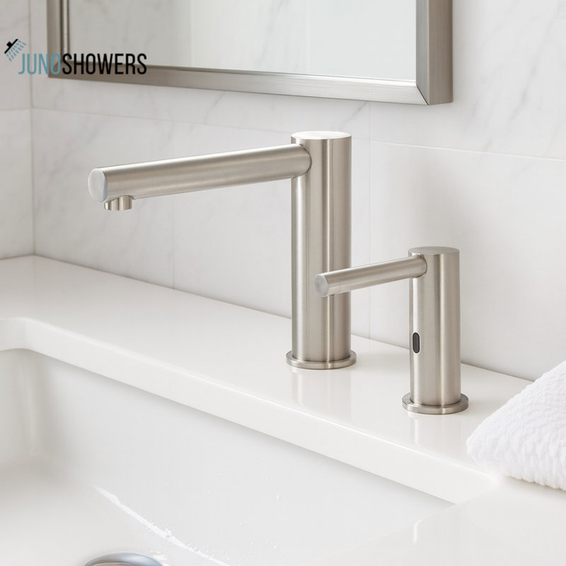 Robinet de salle de bain sans contact à fixation sur le comptoir avec distributeur de savon JunoShowers
