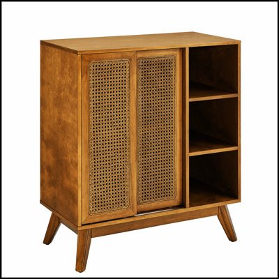 Mid Century Modern Rattan Sideboard Cabinet, Buffet Cabinet for Entryway Hallway Living Room Kitchen Dining Room Bedroom, Adjustable Shelf & Solid Woo