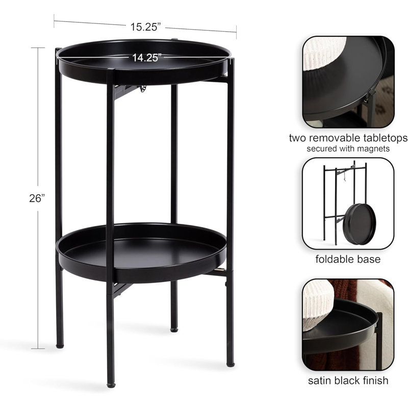 Modern Foldable Tiered Side Table With Removable Magnetic Tray Tabletops And Space-Saving Folding Base