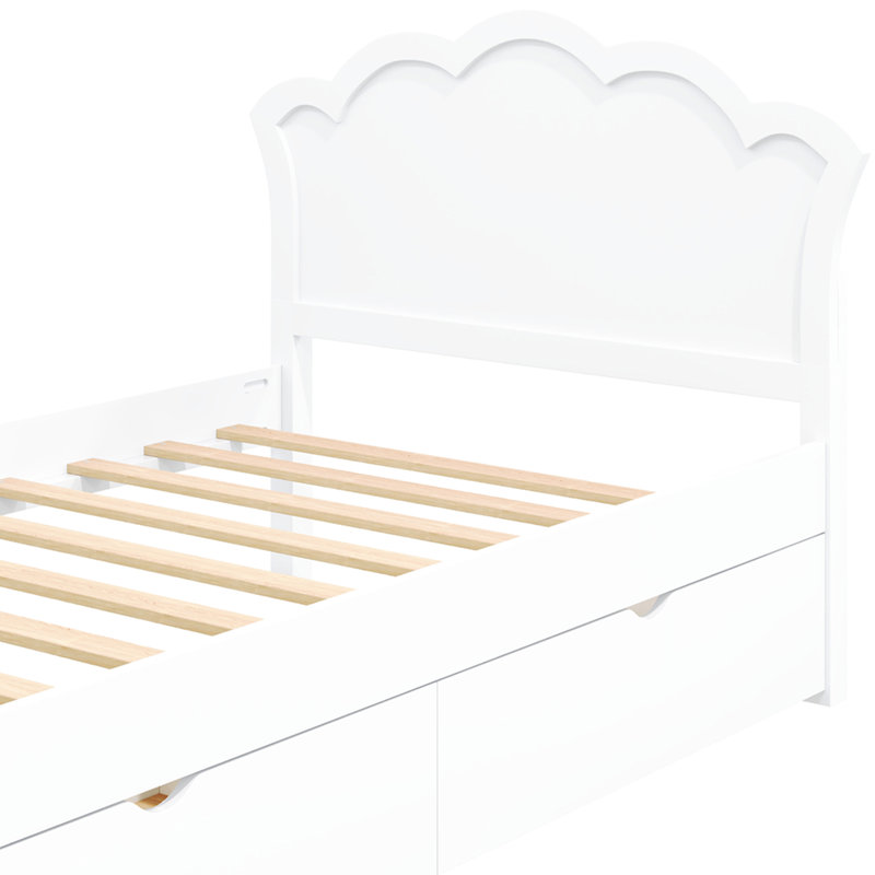 Lit plateforme simple en bois avec tête de lit et deux tiroirs, blanc, Lit simple