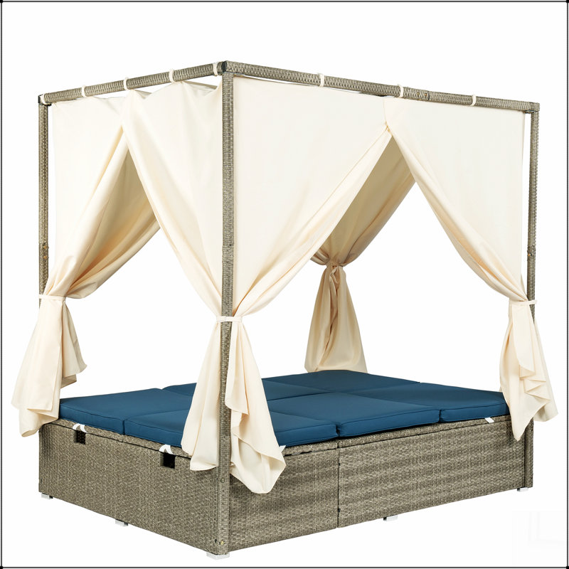 Adjustable Sun Bed With Curtain,High Comfort,With 3 Colours, Bleu