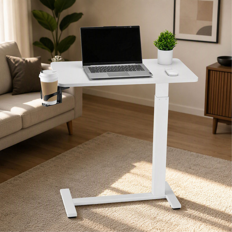 Overbed Table – Mobile – Height Adjustable – Rolling – with Cup Holder – Particleboard – White