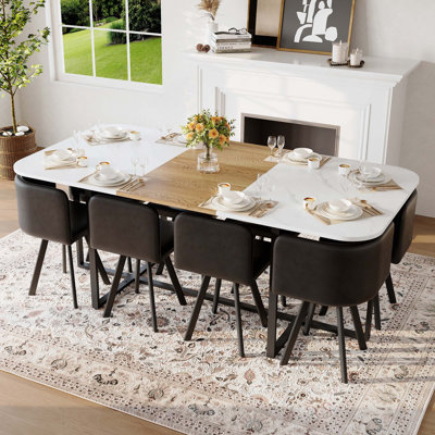 Ensemble de table de salle à manger 9 pièces rectangulaire, plateau fixe en faux marbre et grain de bois blanc