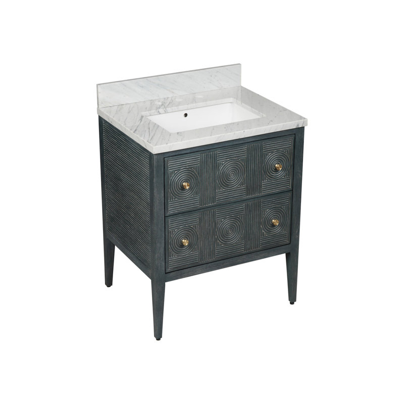 Meuble-lavabo encastré rectangulaire de 28 po Santos, Bleu marine rétro / naturel / laiton brossé / ni