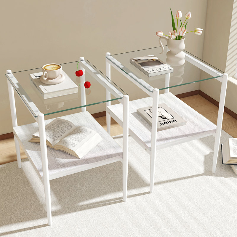 Set of 2 Rectangle End Table, Tempered Glass Tabletop with MDF layer, Glass, White, Transparent