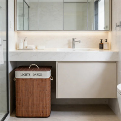 Brown Bamboo Laundry Basket with Lid and Lights/Darks Label