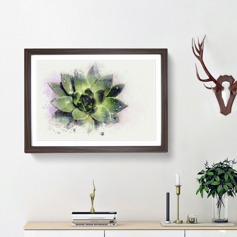 A Green Succulent Plant in Abstract - Picture Frame Graphic Art Print on MDF, Walnut Framed, 36cm H x 48cm W x 2cm D