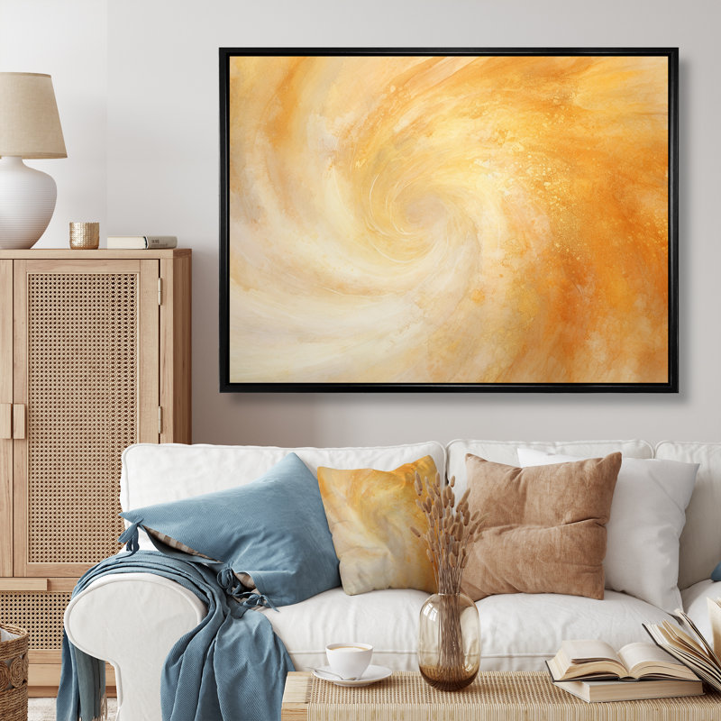 «Champagne Sunrise Spiral», art abstrait sur toile, H 30 po x l 40 po x P 1,5 po, Cadre flottant noir