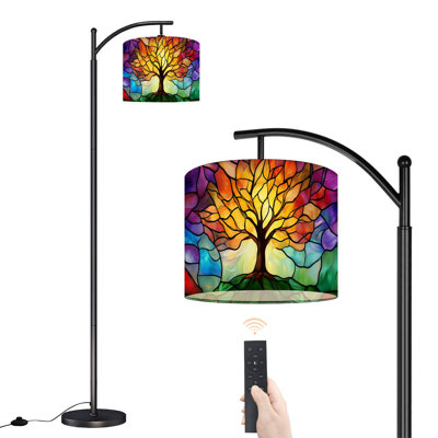 Arc Floor Lamp with Adjustable Lampshade Tree Colorful Autumn Leaves Standing Lamp 3 Color Temperatures Dimmable Tall Pole Lamp with Foot Switch for Bedroom