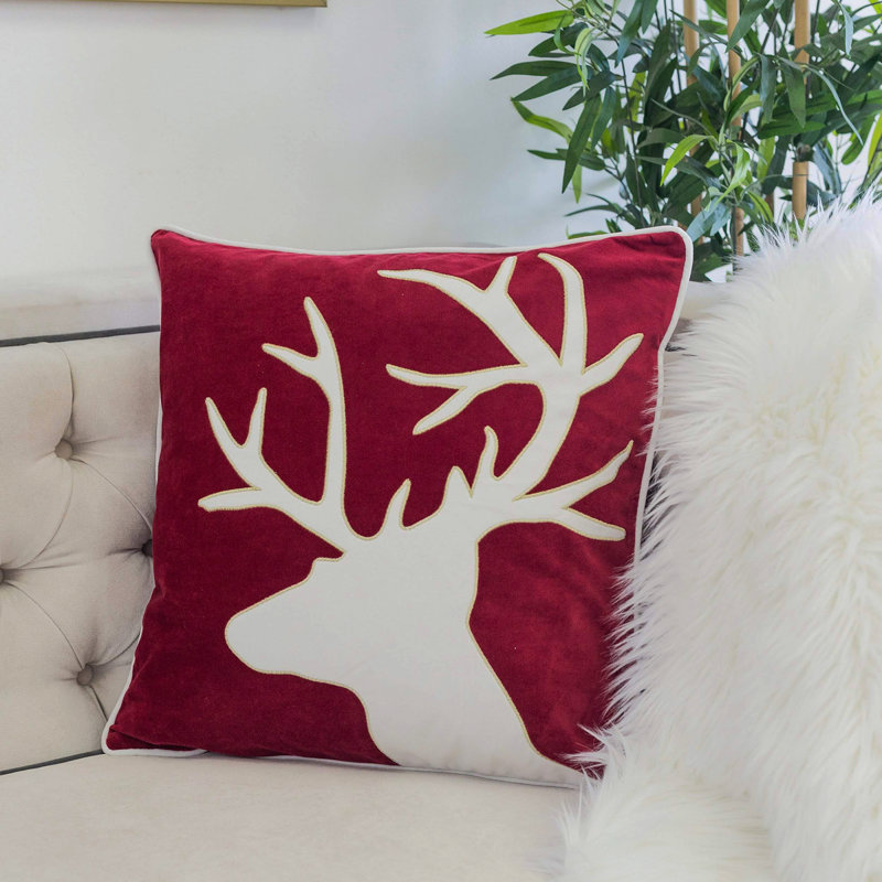 Coussin décoratif en velours Holiday Reindeer, Rouge, Très grand lit