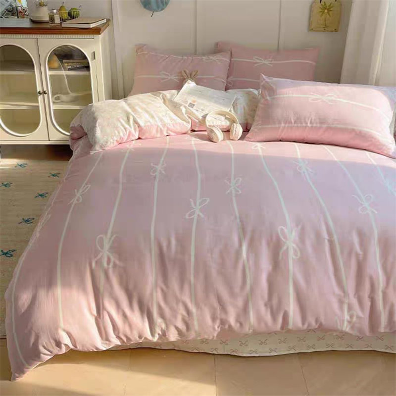 Striped Duvet Cover Pink Bow Stripes Bedding Set 3pcs Bowknot Comforter Cover With Zipper Closure Corner Ties