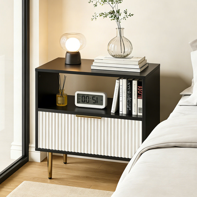 Nightstand With Drawer, End Table With Storage, Side Table With Open Space, Bed Side Table For Bedroom, Modern Nightstand With Golden Handle For Bedroom, Living Room, Black&white