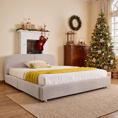 Queen\King Size Upholstered Bed Frame With Yarn Fabric, Curved Headboard, And Storage Drawers