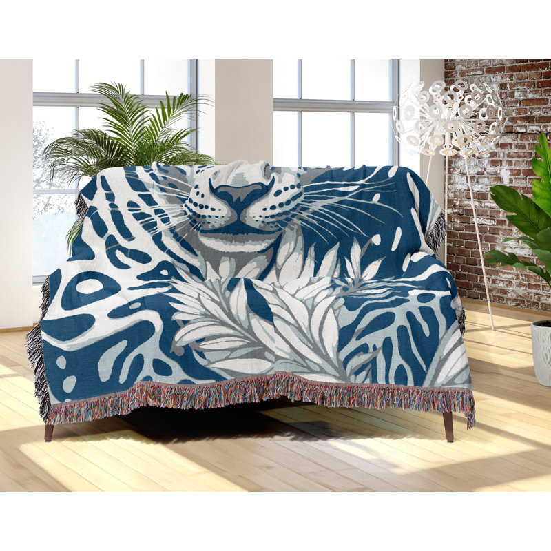 Jeté en mélange de coton léopard Fiero, L 70 po x l 50 po, Bleu / Blanc cassé
